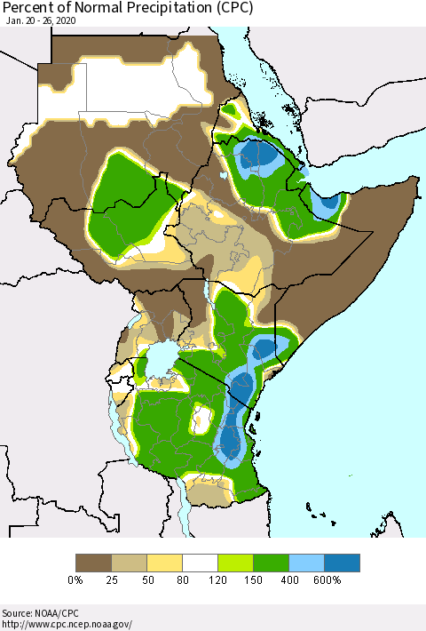 Eastern Africa Percent of Normal Precipitation (CPC) Thematic Map For 1/20/2020 - 1/26/2020