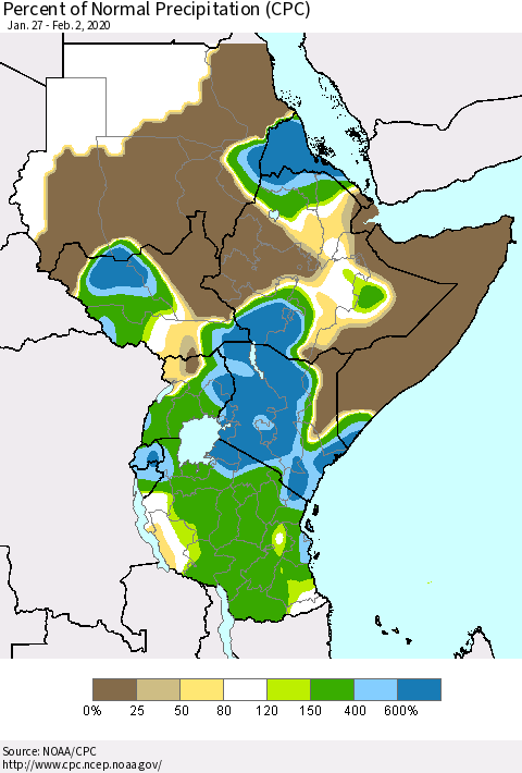 Eastern Africa Percent of Normal Precipitation (CPC) Thematic Map For 1/27/2020 - 2/2/2020