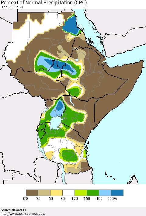 Eastern Africa Percent of Normal Precipitation (CPC) Thematic Map For 2/3/2020 - 2/9/2020