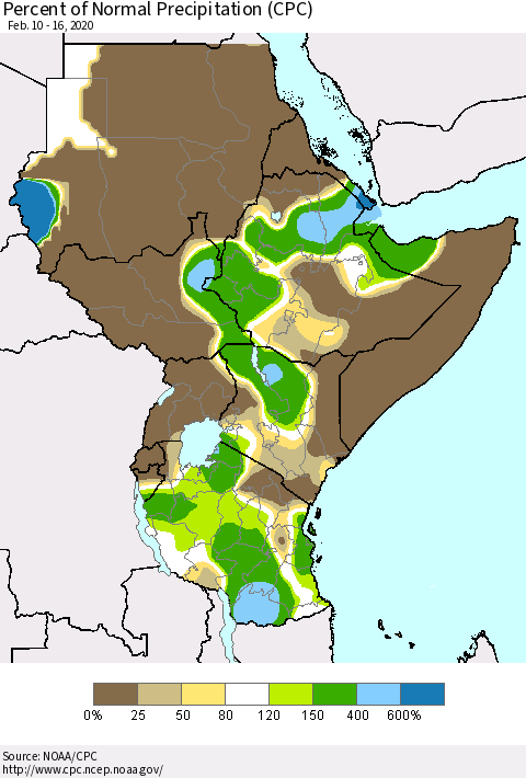 Eastern Africa Percent of Normal Precipitation (CPC) Thematic Map For 2/10/2020 - 2/16/2020