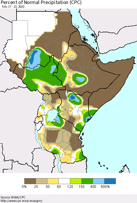 Eastern Africa Percent of Normal Precipitation (CPC) Thematic Map For 2/17/2020 - 2/23/2020