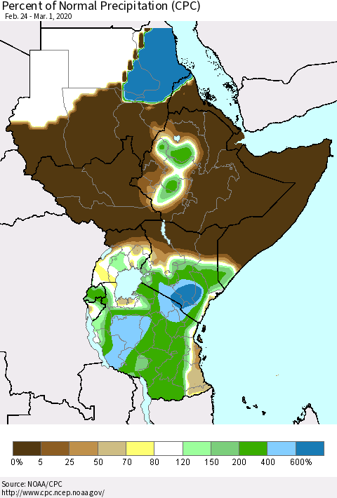 Eastern Africa Percent of Normal Precipitation (CPC) Thematic Map For 2/24/2020 - 3/1/2020