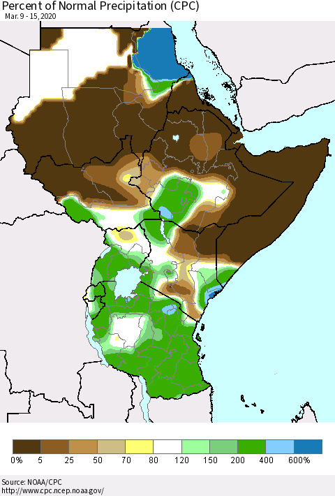 Eastern Africa Percent of Normal Precipitation (CPC) Thematic Map For 3/9/2020 - 3/15/2020