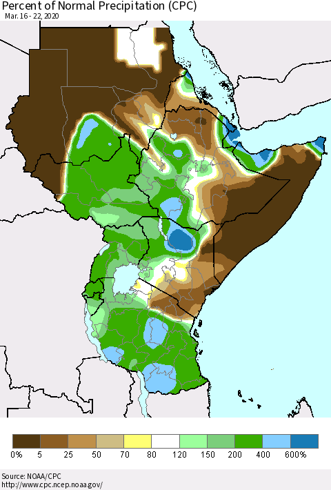 Eastern Africa Percent of Normal Precipitation (CPC) Thematic Map For 3/16/2020 - 3/22/2020