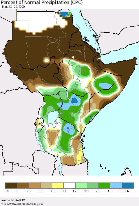 Eastern Africa Percent of Normal Precipitation (CPC) Thematic Map For 3/23/2020 - 3/29/2020