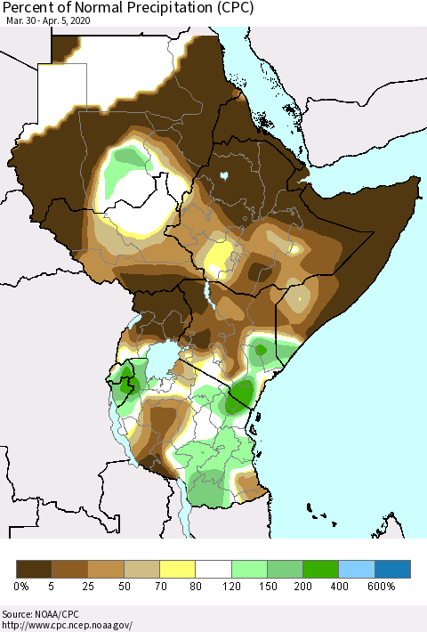 Eastern Africa Percent of Normal Precipitation (CPC) Thematic Map For 3/30/2020 - 4/5/2020