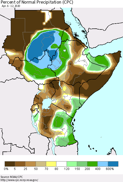 Eastern Africa Percent of Normal Precipitation (CPC) Thematic Map For 4/6/2020 - 4/12/2020