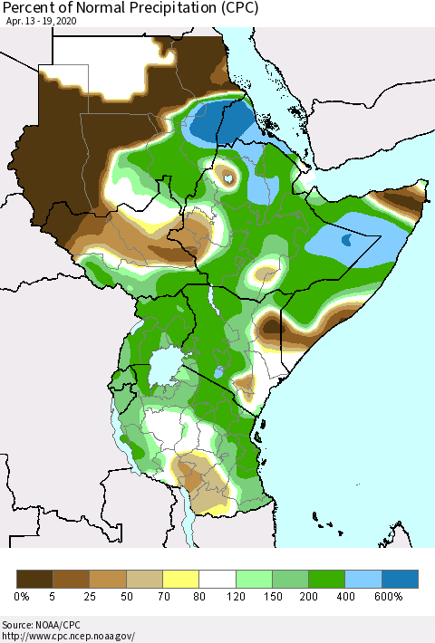Eastern Africa Percent of Normal Precipitation (CPC) Thematic Map For 4/13/2020 - 4/19/2020