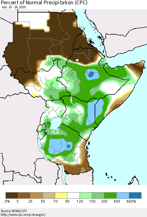Eastern Africa Percent of Normal Precipitation (CPC) Thematic Map For 4/20/2020 - 4/26/2020