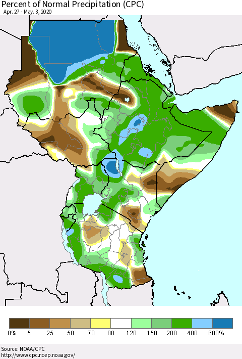 Eastern Africa Percent of Normal Precipitation (CPC) Thematic Map For 4/27/2020 - 5/3/2020