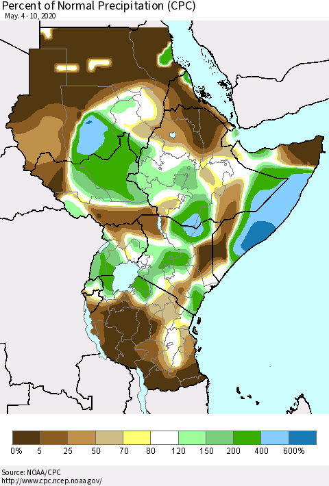 Eastern Africa Percent of Normal Precipitation (CPC) Thematic Map For 5/4/2020 - 5/10/2020
