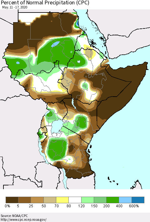 Eastern Africa Percent of Normal Precipitation (CPC) Thematic Map For 5/11/2020 - 5/17/2020