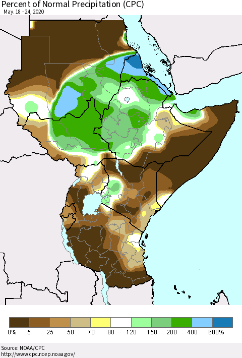 Eastern Africa Percent of Normal Precipitation (CPC) Thematic Map For 5/18/2020 - 5/24/2020