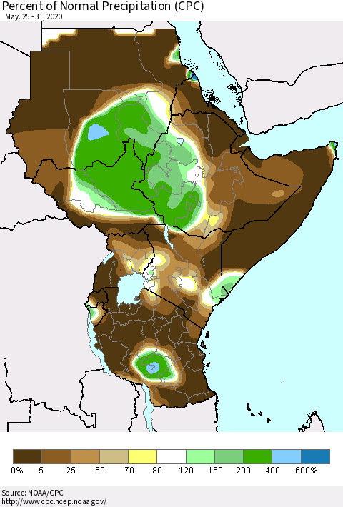 Eastern Africa Percent of Normal Precipitation (CPC) Thematic Map For 5/25/2020 - 5/31/2020