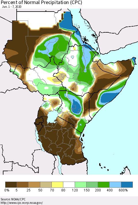 Eastern Africa Percent of Normal Precipitation (CPC) Thematic Map For 6/1/2020 - 6/7/2020