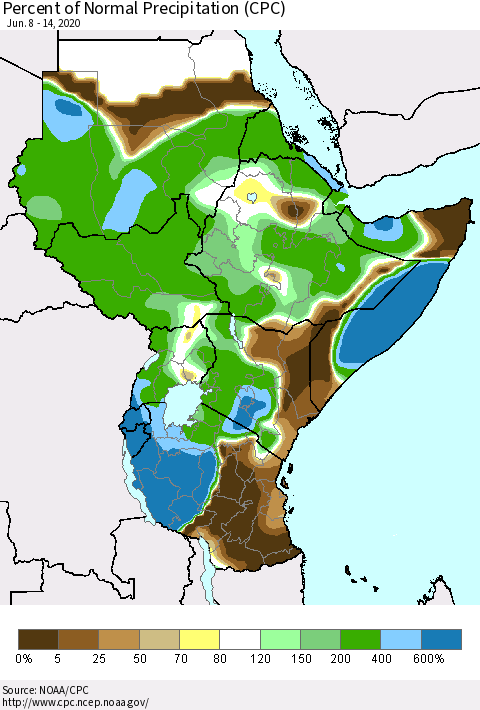 Eastern Africa Percent of Normal Precipitation (CPC) Thematic Map For 6/8/2020 - 6/14/2020