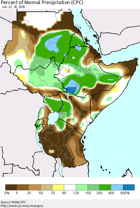 Eastern Africa Percent of Normal Precipitation (CPC) Thematic Map For 6/22/2020 - 6/28/2020
