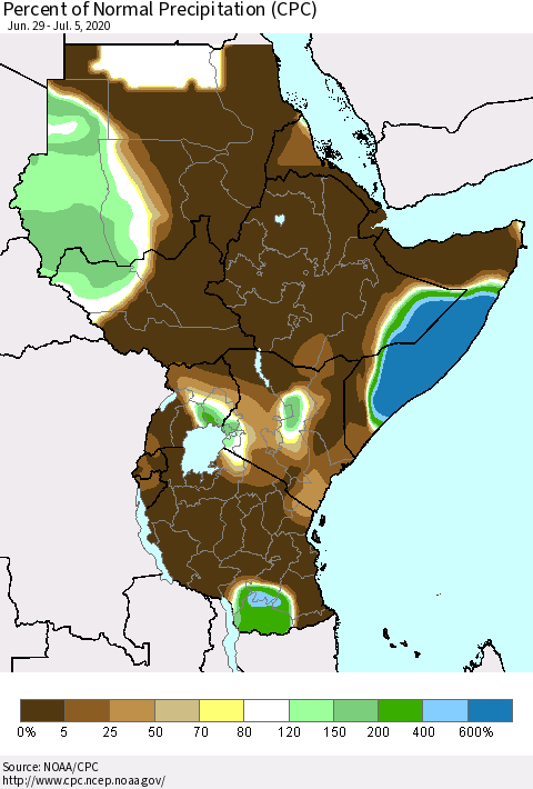 Eastern Africa Percent of Normal Precipitation (CPC) Thematic Map For 6/29/2020 - 7/5/2020