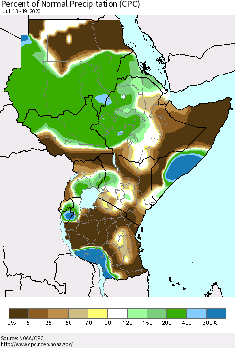 Eastern Africa Percent of Normal Precipitation (CPC) Thematic Map For 7/13/2020 - 7/19/2020