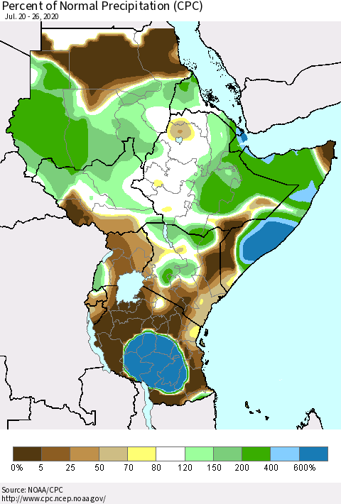 Eastern Africa Percent of Normal Precipitation (CPC) Thematic Map For 7/20/2020 - 7/26/2020