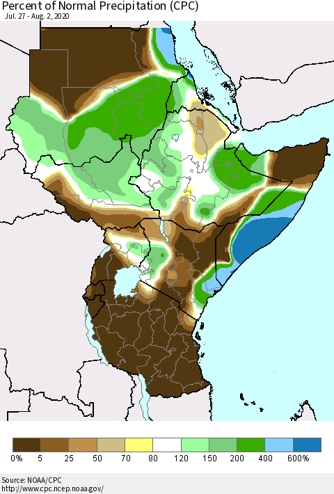 Eastern Africa Percent of Normal Precipitation (CPC) Thematic Map For 7/27/2020 - 8/2/2020
