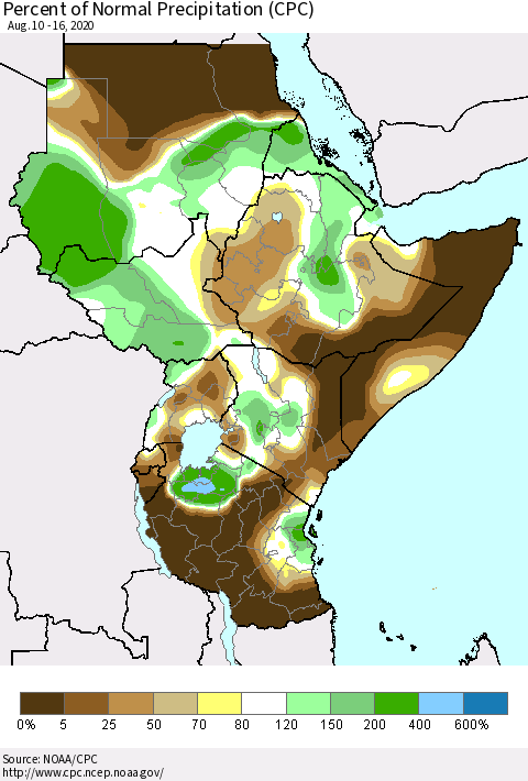 Eastern Africa Percent of Normal Precipitation (CPC) Thematic Map For 8/10/2020 - 8/16/2020