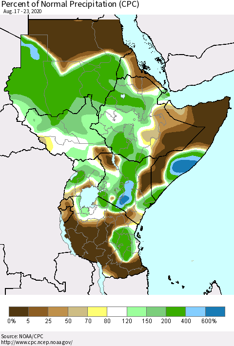 Eastern Africa Percent of Normal Precipitation (CPC) Thematic Map For 8/17/2020 - 8/23/2020