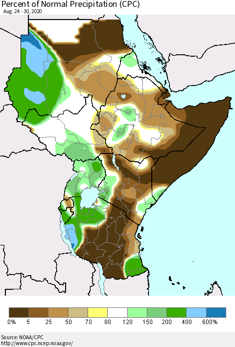 Eastern Africa Percent of Normal Precipitation (CPC) Thematic Map For 8/24/2020 - 8/30/2020