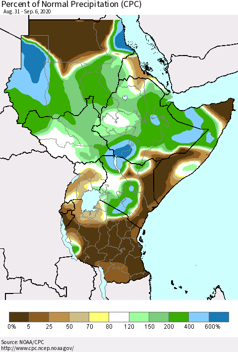 Eastern Africa Percent of Normal Precipitation (CPC) Thematic Map For 8/31/2020 - 9/6/2020