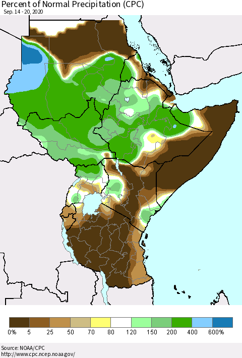 Eastern Africa Percent of Normal Precipitation (CPC) Thematic Map For 9/14/2020 - 9/20/2020