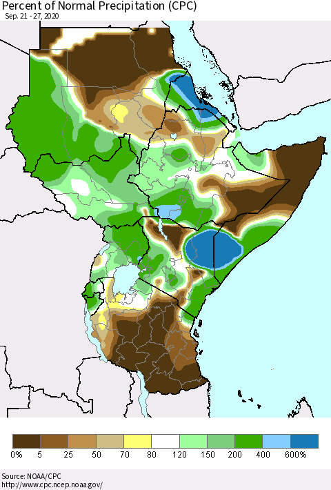 Eastern Africa Percent of Normal Precipitation (CPC) Thematic Map For 9/21/2020 - 9/27/2020