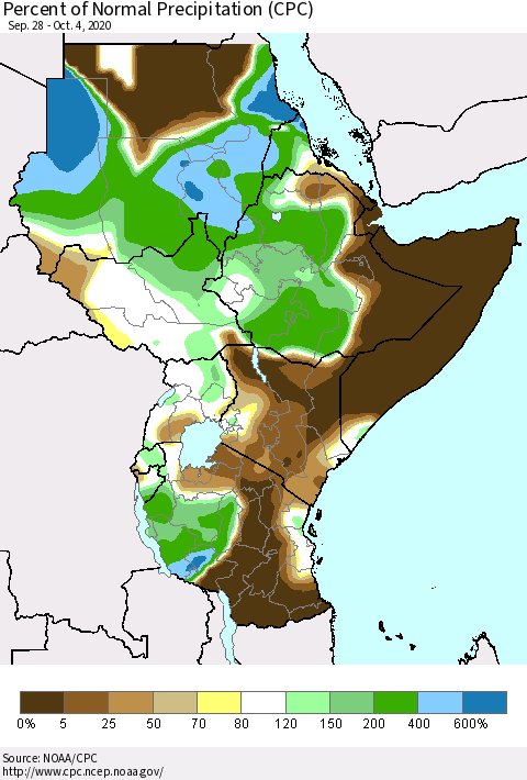 Eastern Africa Percent of Normal Precipitation (CPC) Thematic Map For 9/28/2020 - 10/4/2020