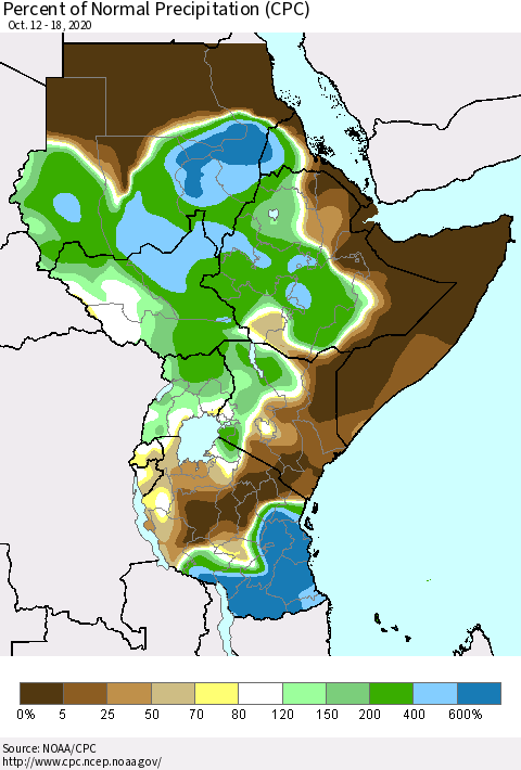 Eastern Africa Percent of Normal Precipitation (CPC) Thematic Map For 10/12/2020 - 10/18/2020
