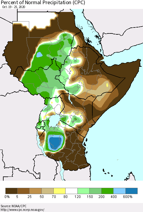 Eastern Africa Percent of Normal Precipitation (CPC) Thematic Map For 10/19/2020 - 10/25/2020