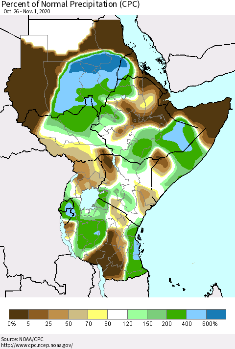 Eastern Africa Percent of Normal Precipitation (CPC) Thematic Map For 10/26/2020 - 11/1/2020
