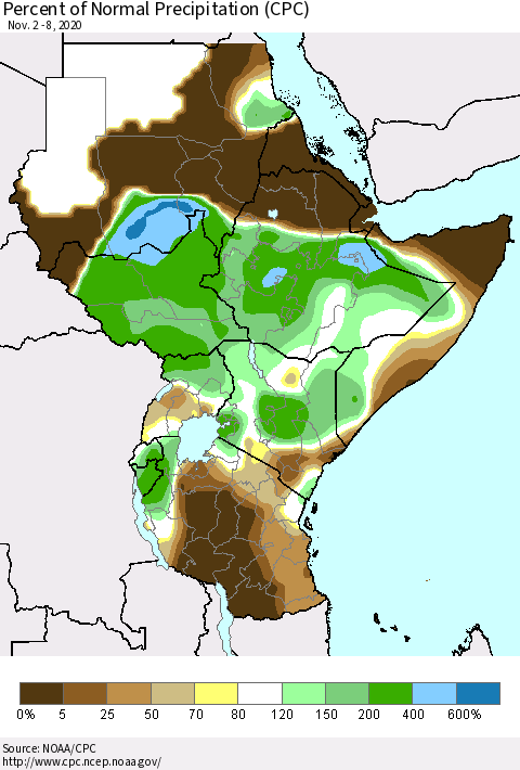 Eastern Africa Percent of Normal Precipitation (CPC) Thematic Map For 11/2/2020 - 11/8/2020