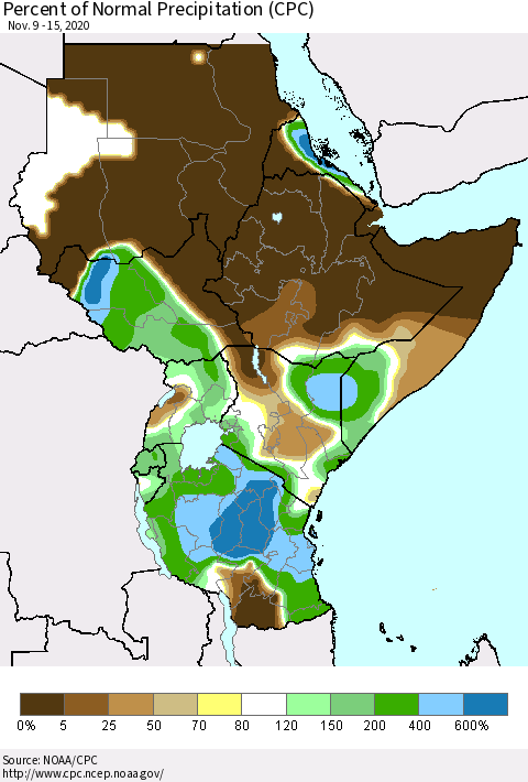 Eastern Africa Percent of Normal Precipitation (CPC) Thematic Map For 11/9/2020 - 11/15/2020