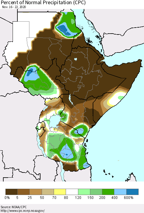 Eastern Africa Percent of Normal Precipitation (CPC) Thematic Map For 11/16/2020 - 11/22/2020