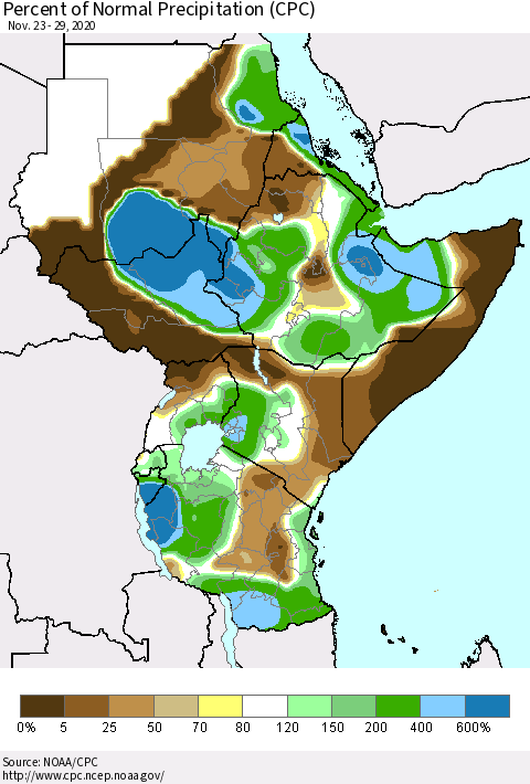 Eastern Africa Percent of Normal Precipitation (CPC) Thematic Map For 11/23/2020 - 11/29/2020