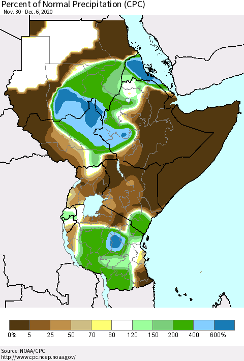 Eastern Africa Percent of Normal Precipitation (CPC) Thematic Map For 11/30/2020 - 12/6/2020