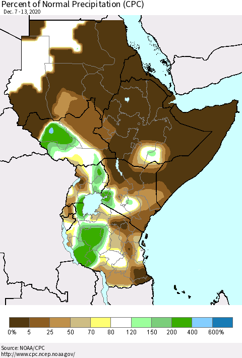 Eastern Africa Percent of Normal Precipitation (CPC) Thematic Map For 12/7/2020 - 12/13/2020
