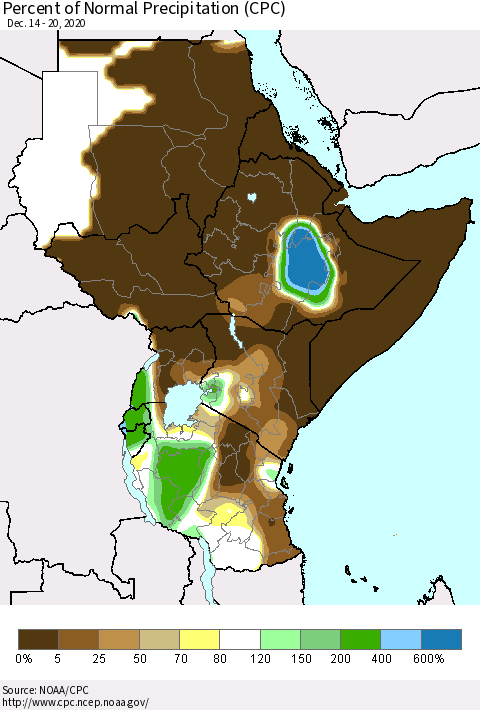 Eastern Africa Percent of Normal Precipitation (CPC) Thematic Map For 12/14/2020 - 12/20/2020