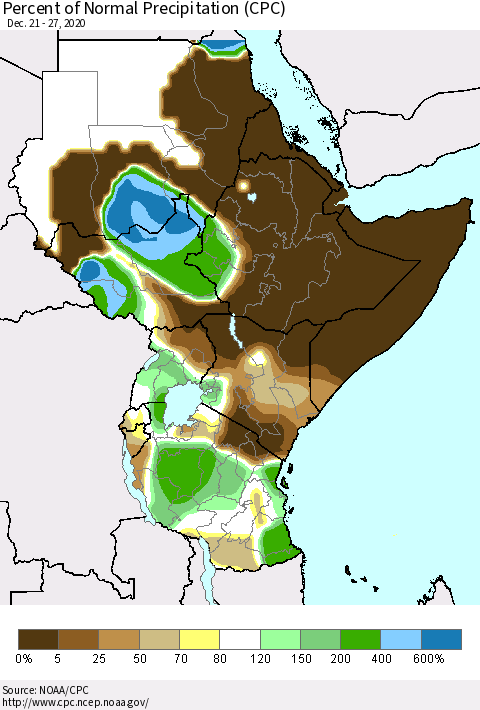 Eastern Africa Percent of Normal Precipitation (CPC) Thematic Map For 12/21/2020 - 12/27/2020