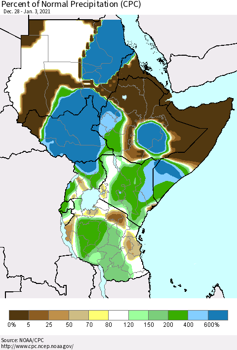 Eastern Africa Percent of Normal Precipitation (CPC) Thematic Map For 12/28/2020 - 1/3/2021