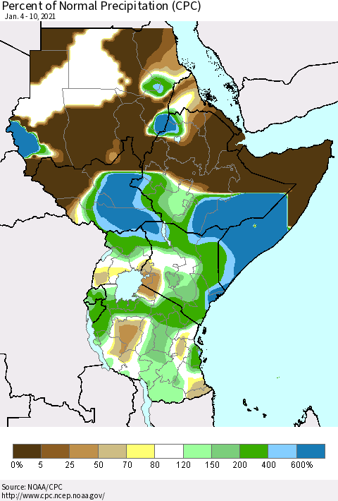 Eastern Africa Percent of Normal Precipitation (CPC) Thematic Map For 1/4/2021 - 1/10/2021