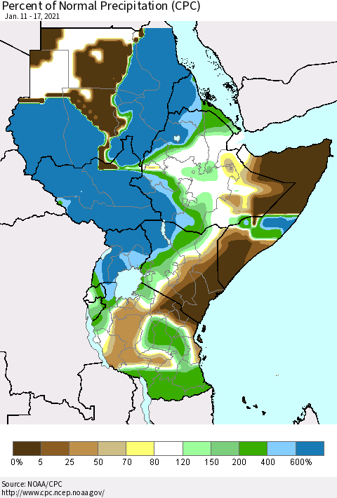 Eastern Africa Percent of Normal Precipitation (CPC) Thematic Map For 1/11/2021 - 1/17/2021
