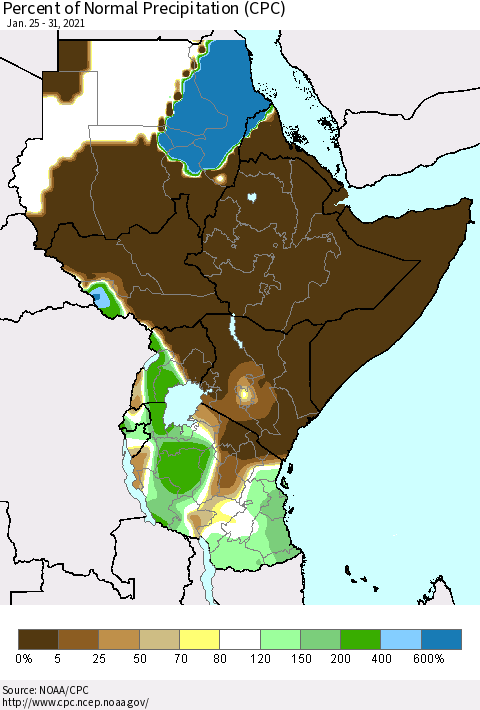 Eastern Africa Percent of Normal Precipitation (CPC) Thematic Map For 1/25/2021 - 1/31/2021