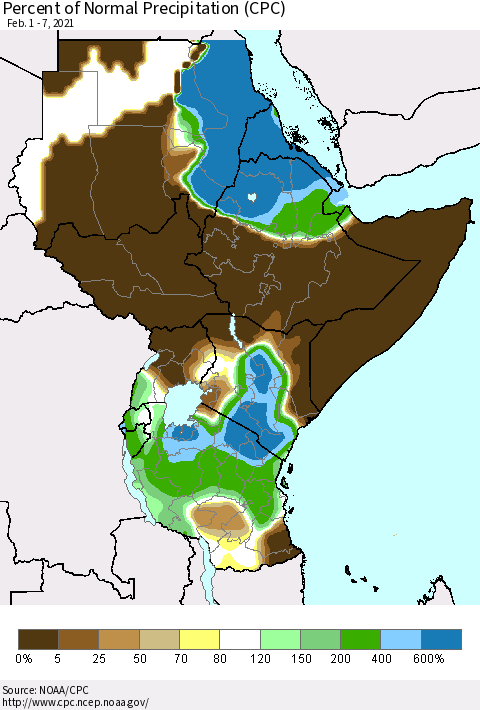 Eastern Africa Percent of Normal Precipitation (CPC) Thematic Map For 2/1/2021 - 2/7/2021