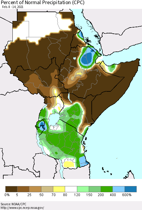 Eastern Africa Percent of Normal Precipitation (CPC) Thematic Map For 2/8/2021 - 2/14/2021
