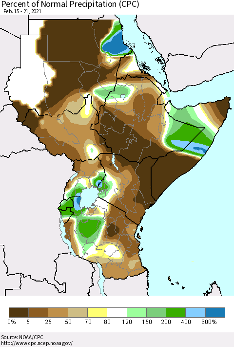Eastern Africa Percent of Normal Precipitation (CPC) Thematic Map For 2/15/2021 - 2/21/2021